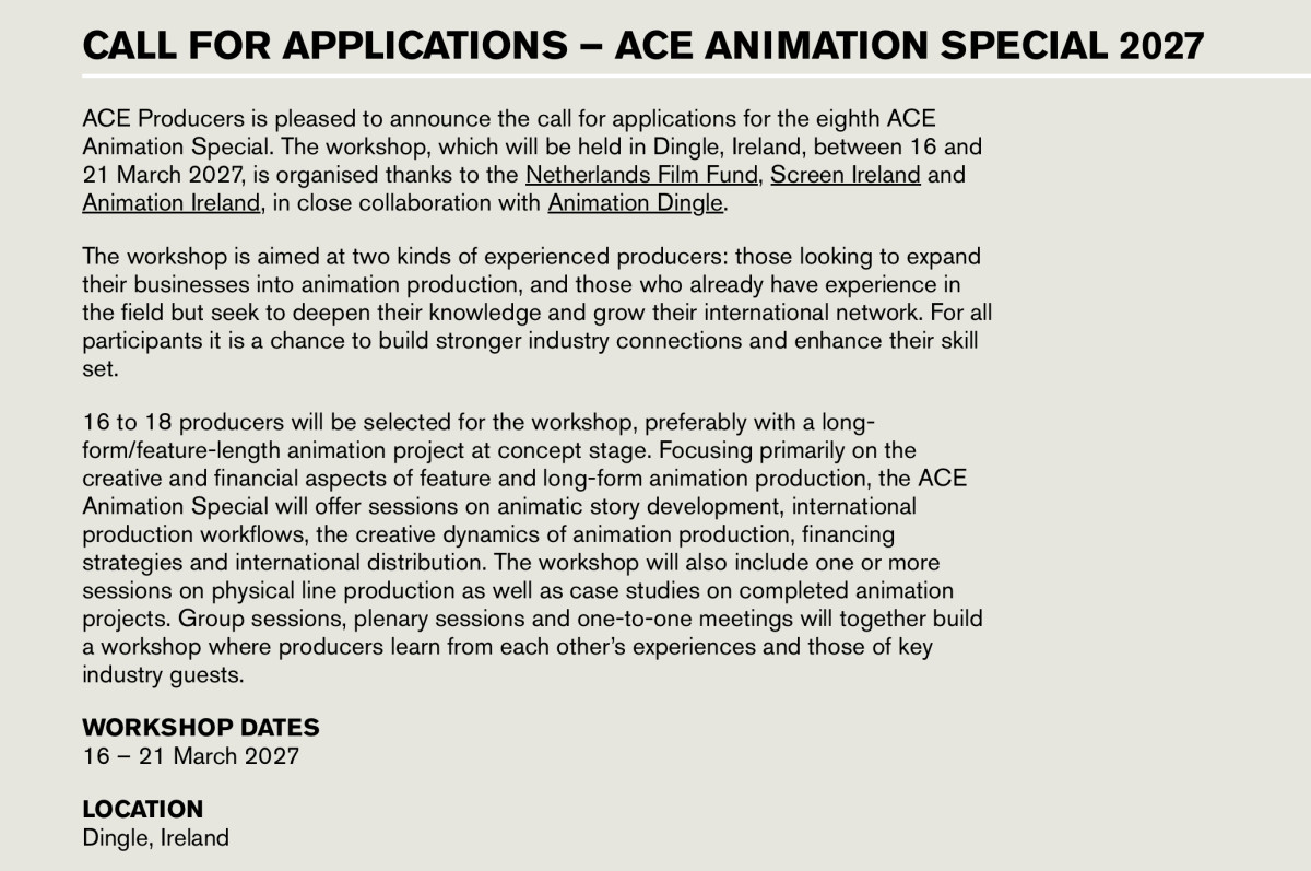 ACE Animation Special 2027: Call for Applications